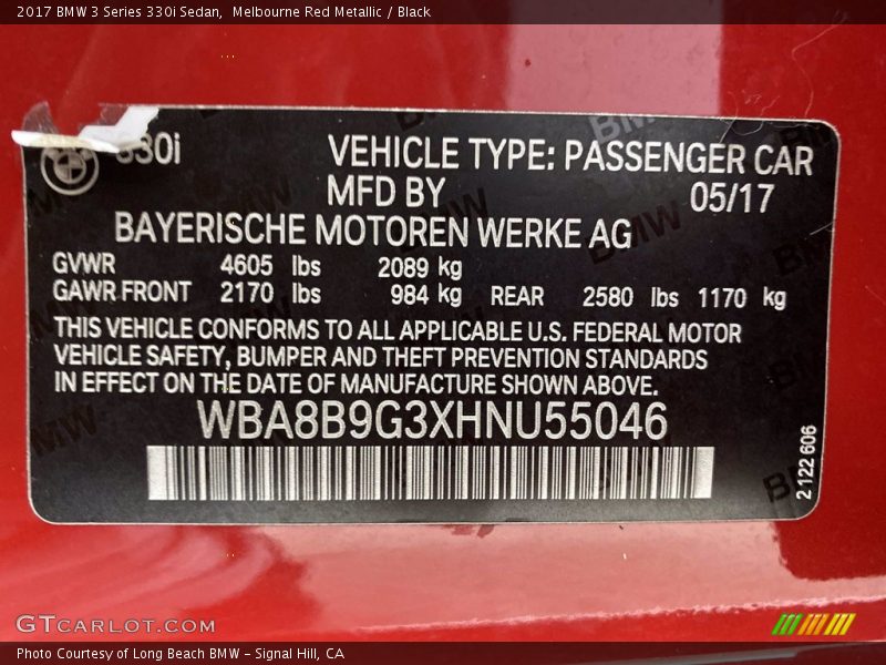 Melbourne Red Metallic / Black 2017 BMW 3 Series 330i Sedan