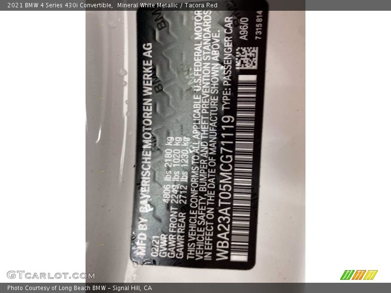 2021 4 Series 430i Convertible Mineral White Metallic Color Code A96