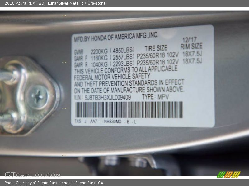 2018 RDX FWD Lunar Silver Metallic Color Code NH830MX