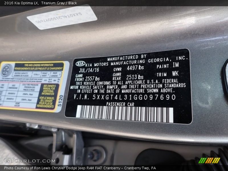 2016 Optima LX Titanium Gray Color Code IM