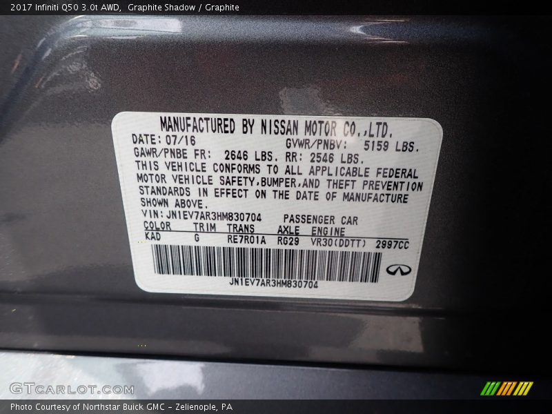 2017 Q50 3.0t AWD Graphite Shadow Color Code KAD