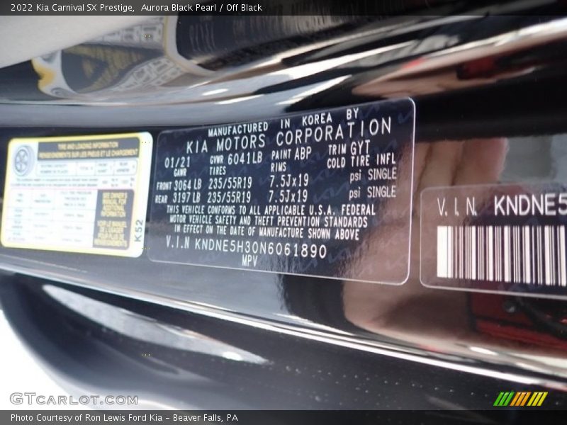 2022 Carnival SX Prestige Aurora Black Pearl Color Code ABP