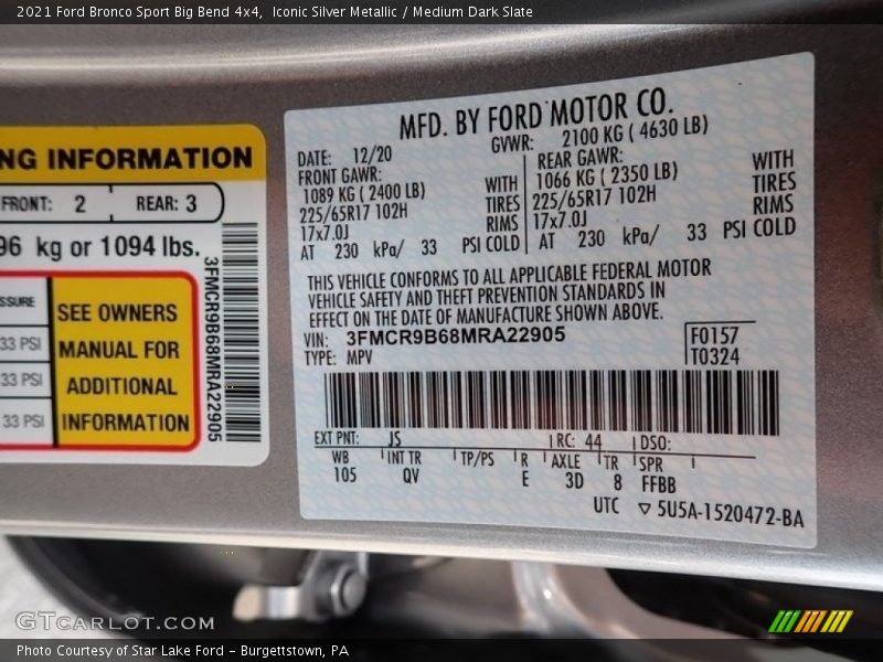 2021 Bronco Sport Big Bend 4x4 Iconic Silver Metallic Color Code JS