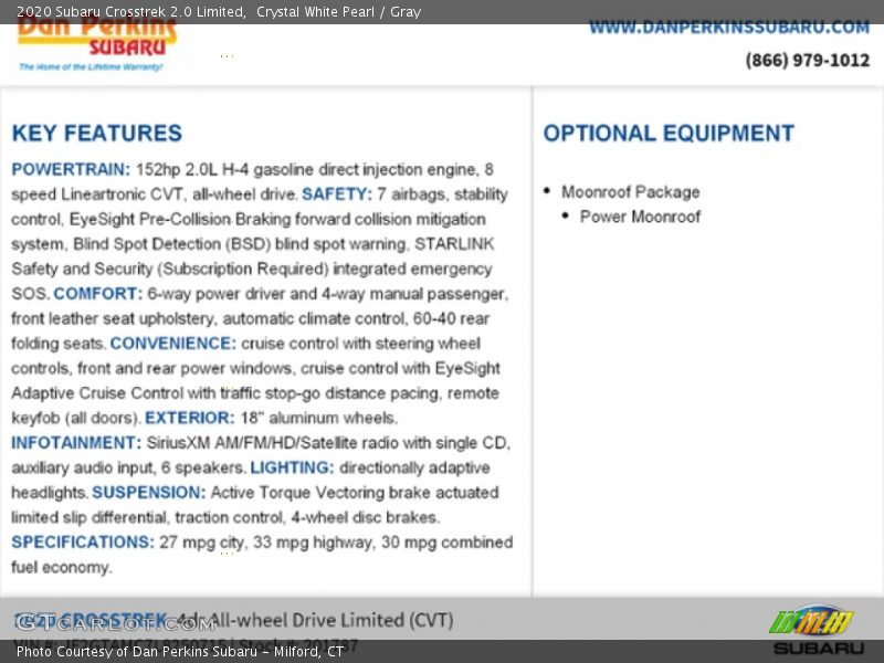 Crystal White Pearl / Gray 2020 Subaru Crosstrek 2.0 Limited