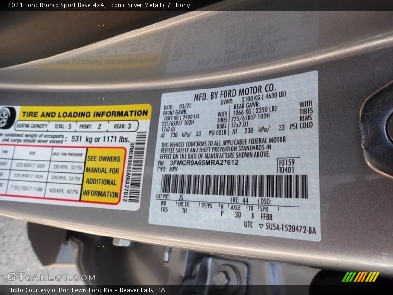 Iconic Silver Metallic / Ebony 2021 Ford Bronco Sport Base 4x4