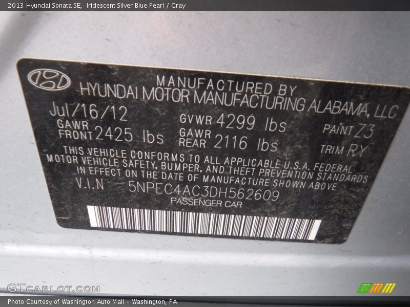 Iridescent Silver Blue Pearl / Gray 2013 Hyundai Sonata SE