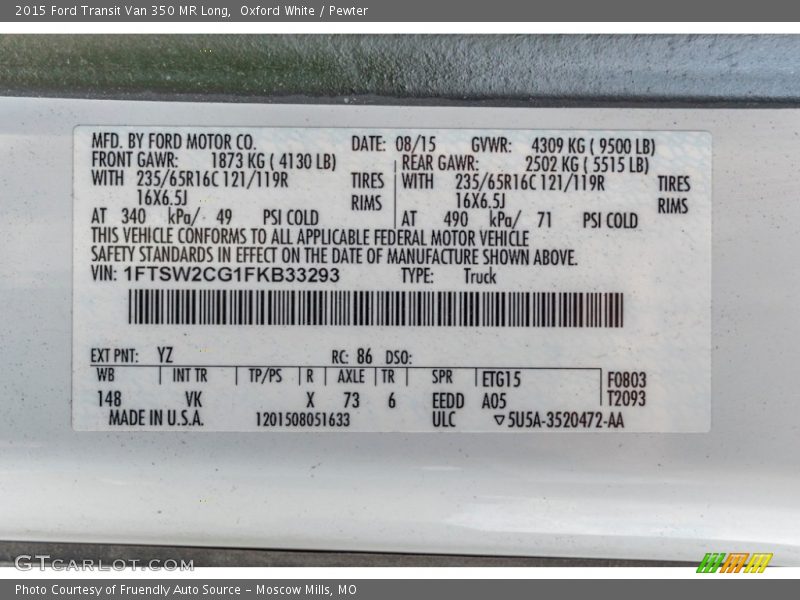 Oxford White / Pewter 2015 Ford Transit Van 350 MR Long