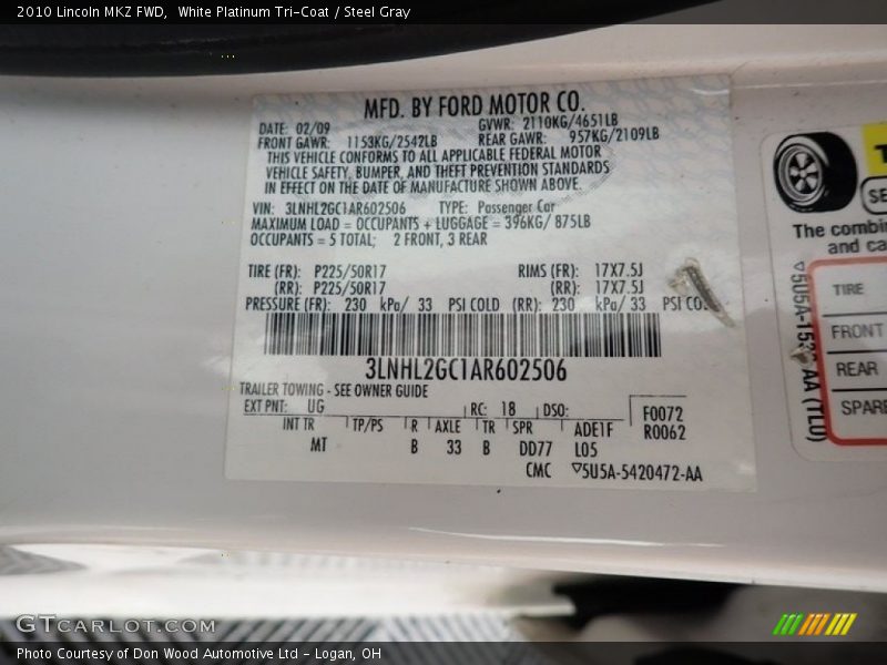 White Platinum Tri-Coat / Steel Gray 2010 Lincoln MKZ FWD