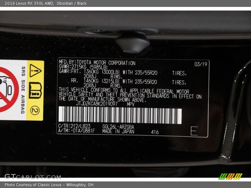 2019 RX 350L AWD Obsidian Color Code 212