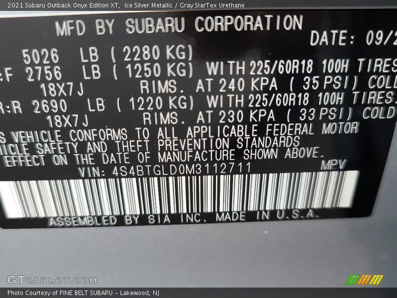 Ice Silver Metallic / Gray StarTex Urethane 2021 Subaru Outback Onyx Edition XT