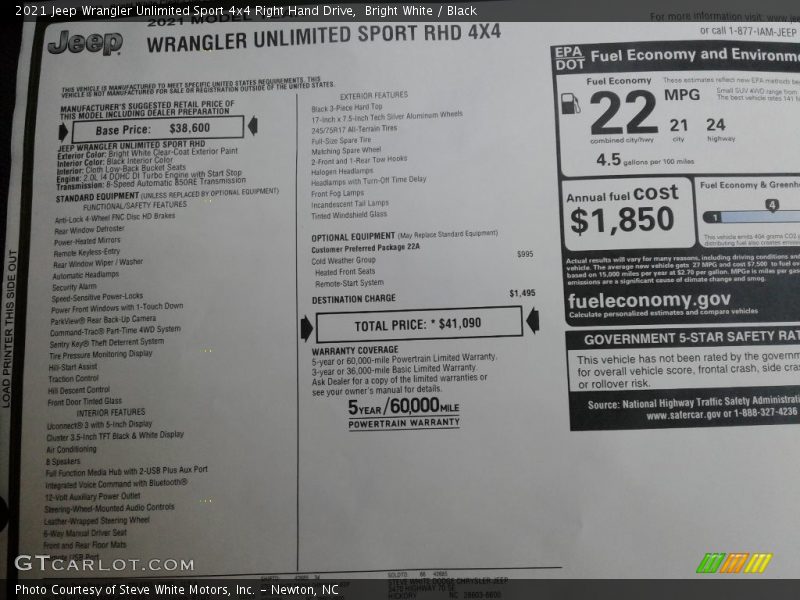 2021 Wrangler Unlimited Sport 4x4 Right Hand Drive Window Sticker