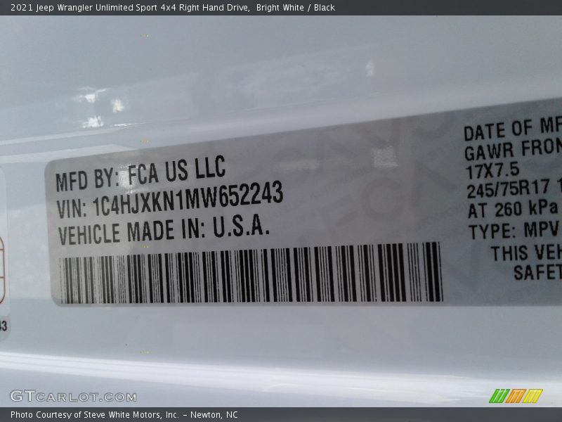 Bright White / Black 2021 Jeep Wrangler Unlimited Sport 4x4 Right Hand Drive