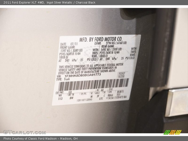 Ingot Silver Metallic / Charcoal Black 2011 Ford Explorer XLT 4WD