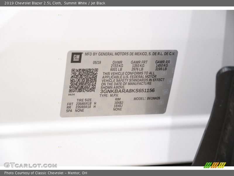 Summit White / Jet Black 2019 Chevrolet Blazer 2.5L Cloth