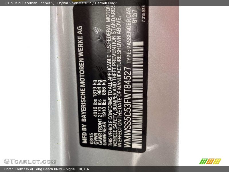 Crystal Silver Metallic / Carbon Black 2015 Mini Paceman Cooper S