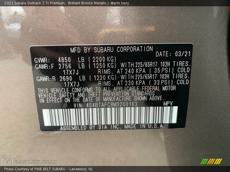 Brilliant Bronze Metallic / Warm Ivory 2021 Subaru Outback 2.5i Premium