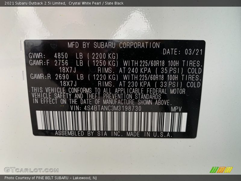 Crystal White Pearl / Slate Black 2021 Subaru Outback 2.5i Limited