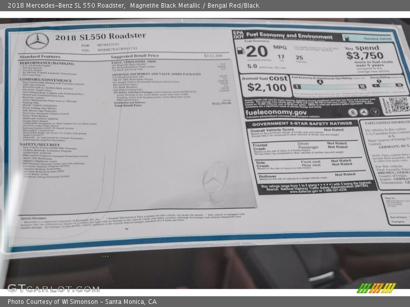  2018 SL 550 Roadster Window Sticker