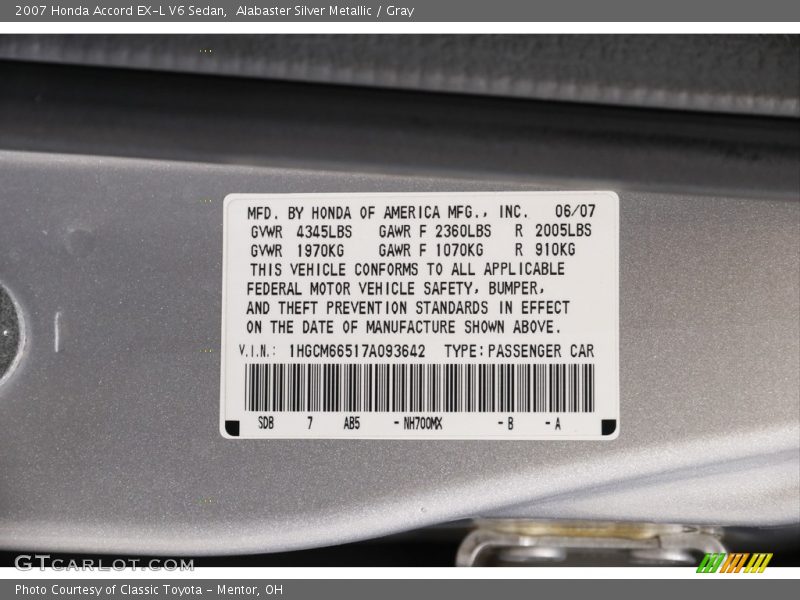 Alabaster Silver Metallic / Gray 2007 Honda Accord EX-L V6 Sedan