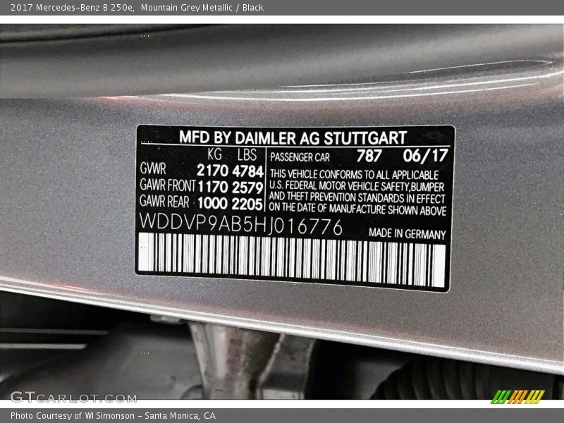 2017 B 250e Mountain Grey Metallic Color Code 787