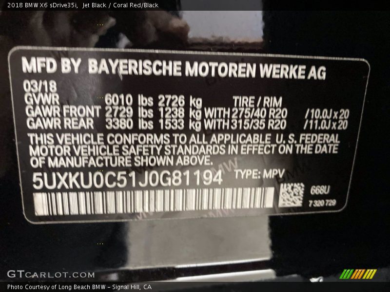 Jet Black / Coral Red/Black 2018 BMW X6 sDrive35i