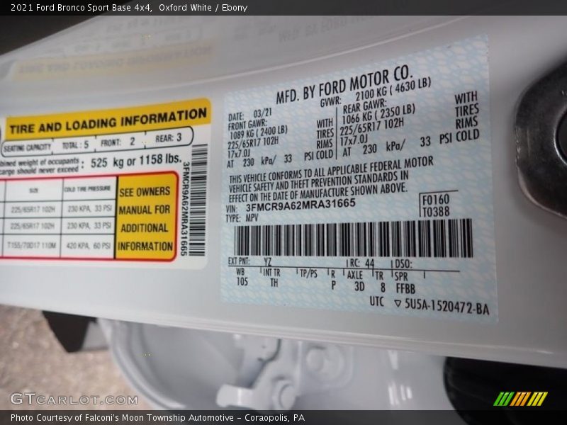 2021 Bronco Sport Base 4x4 Oxford White Color Code YZ