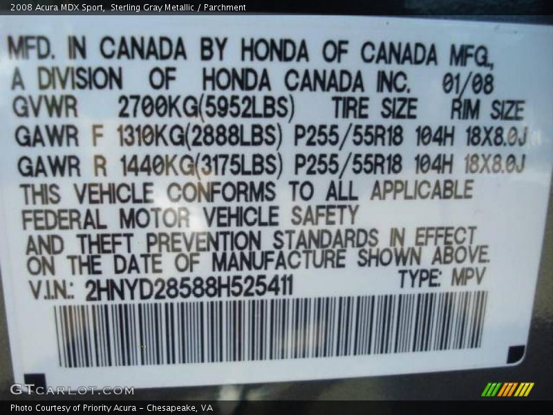 Sterling Gray Metallic / Parchment 2008 Acura MDX Sport