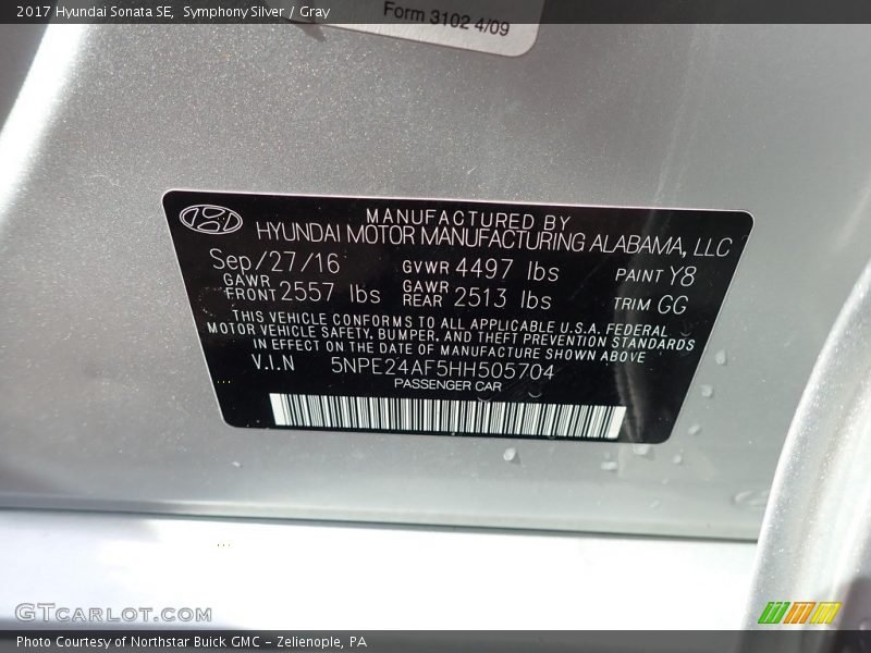 Symphony Silver / Gray 2017 Hyundai Sonata SE