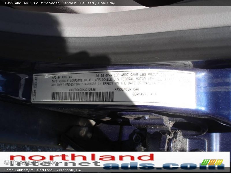 Santorin Blue Pearl / Opal Gray 1999 Audi A4 2.8 quattro Sedan
