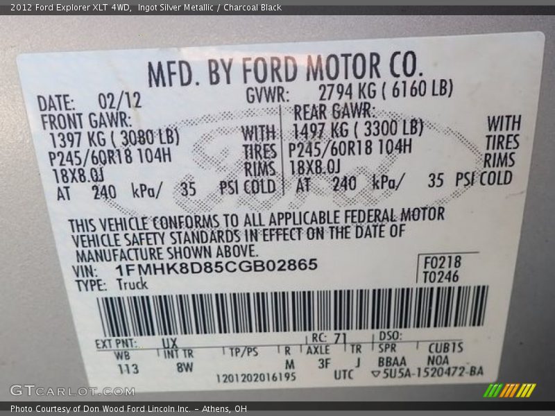 Ingot Silver Metallic / Charcoal Black 2012 Ford Explorer XLT 4WD