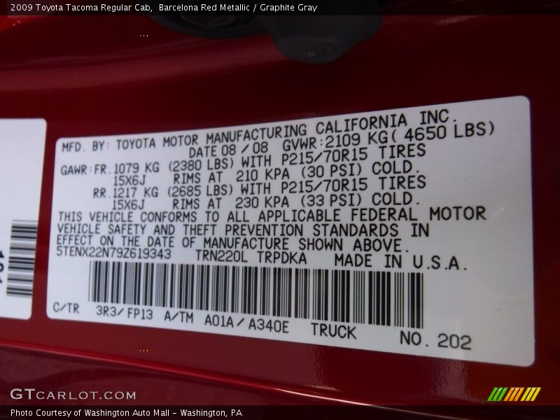 Barcelona Red Metallic / Graphite Gray 2009 Toyota Tacoma Regular Cab
