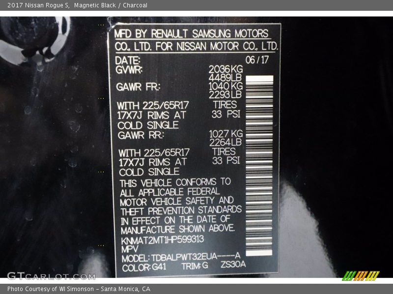 2017 Rogue S Magnetic Black Color Code G41