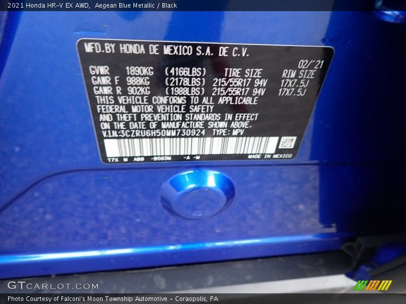 Aegean Blue Metallic / Black 2021 Honda HR-V EX AWD