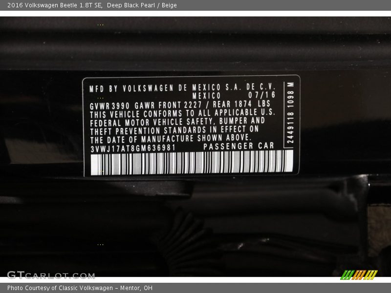 Deep Black Pearl / Beige 2016 Volkswagen Beetle 1.8T SE