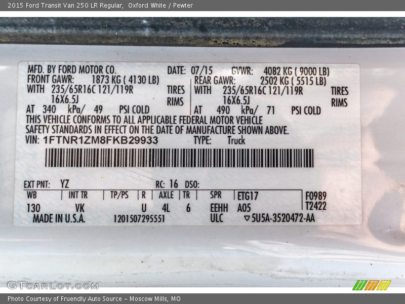 Oxford White / Pewter 2015 Ford Transit Van 250 LR Regular