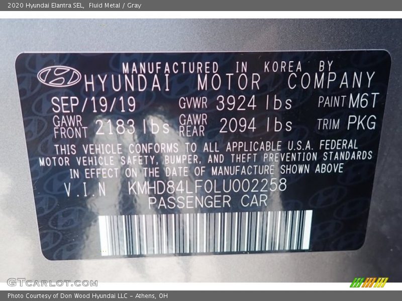 2020 Elantra SEL Fluid Metal Color Code M6T