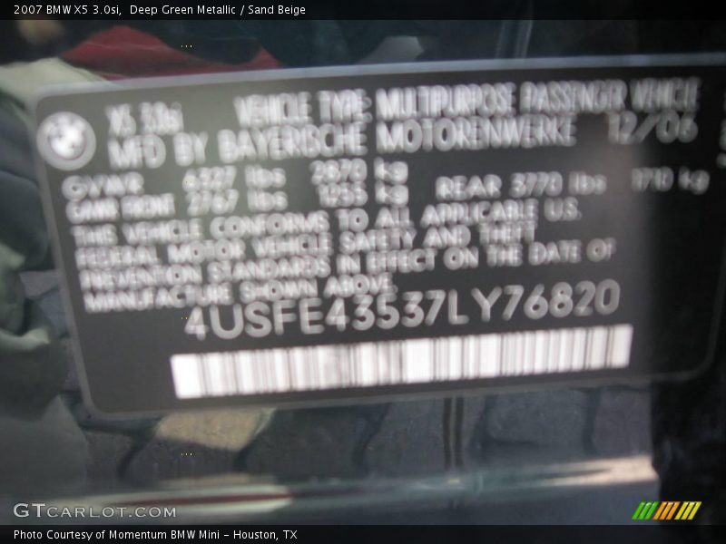 Deep Green Metallic / Sand Beige 2007 BMW X5 3.0si