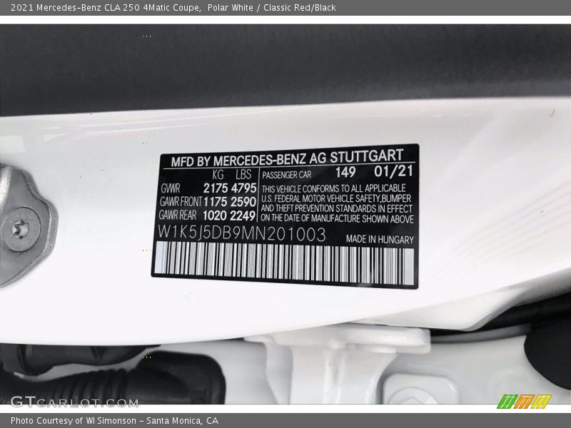 Polar White / Classic Red/Black 2021 Mercedes-Benz CLA 250 4Matic Coupe