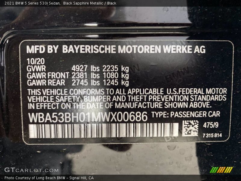 Black Sapphire Metallic / Black 2021 BMW 5 Series 530i Sedan