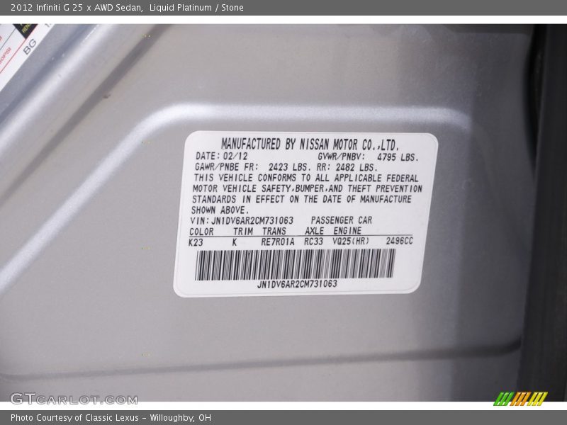 2012 G 25 x AWD Sedan Liquid Platinum Color Code K23