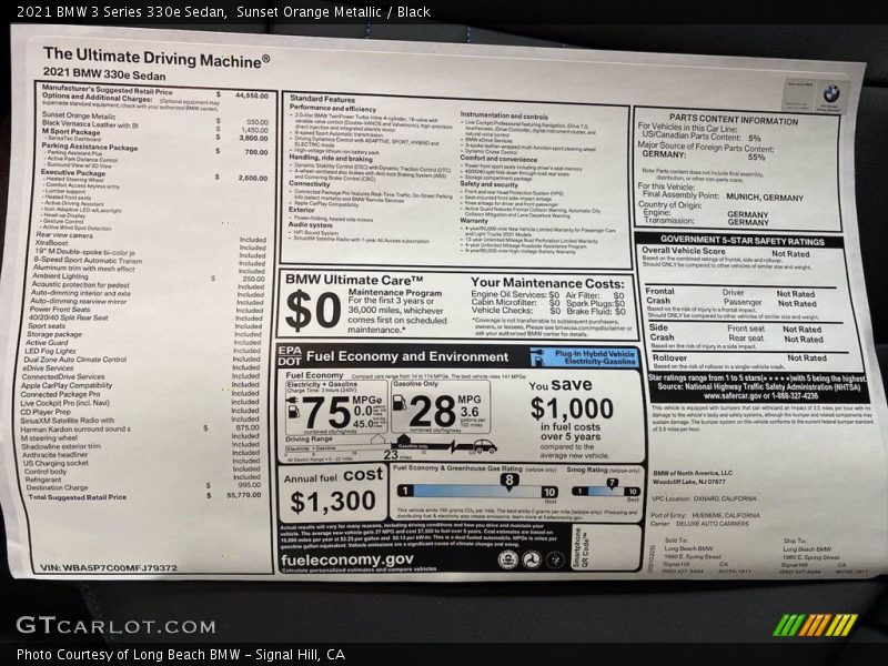  2021 3 Series 330e Sedan Window Sticker