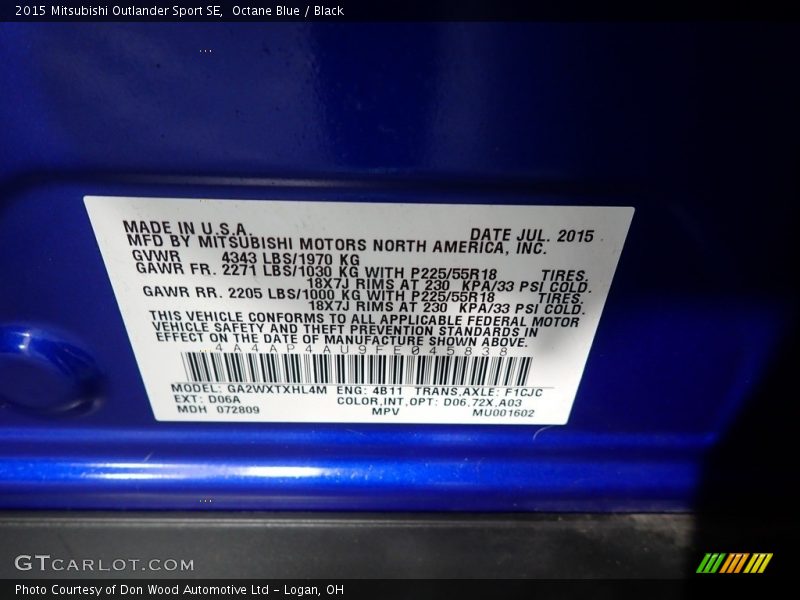 2015 Outlander Sport SE Octane Blue Color Code D06