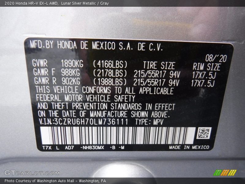 Lunar Silver Metallic / Gray 2020 Honda HR-V EX-L AWD