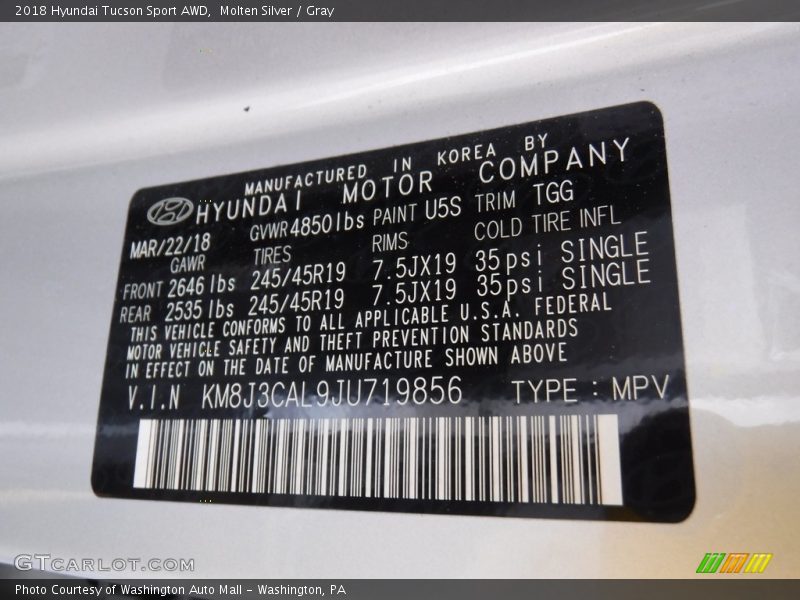 Molten Silver / Gray 2018 Hyundai Tucson Sport AWD