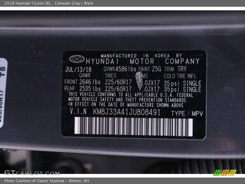 Coliseum Gray / Black 2018 Hyundai Tucson SEL