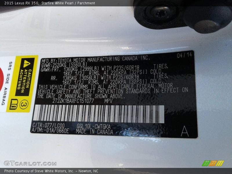 2015 RX 350 Starfire White Pearl Color Code 077