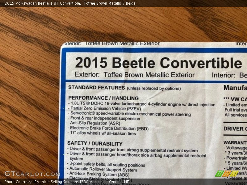  2015 Beetle 1.8T Convertible Window Sticker