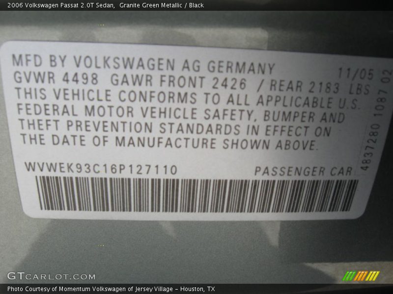 Granite Green Metallic / Black 2006 Volkswagen Passat 2.0T Sedan