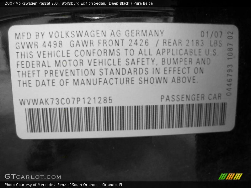 Deep Black / Pure Beige 2007 Volkswagen Passat 2.0T Wolfsburg Edition Sedan