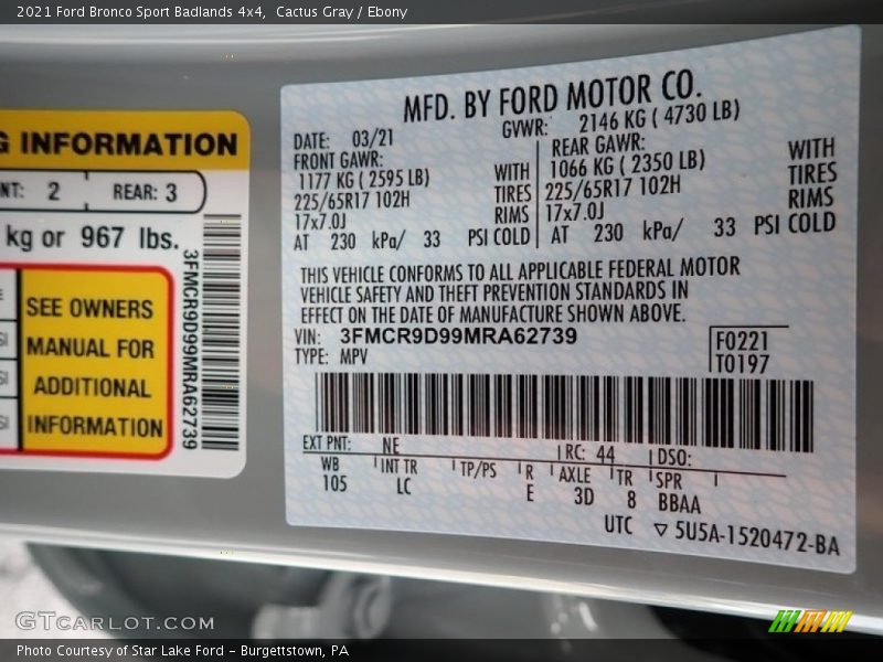 2021 Bronco Sport Badlands 4x4 Cactus Gray Color Code NE